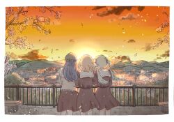  3girls blonde_hair blue_hair blue_ribbon border brown_cardigan brown_dress cardigan commentary_request dress from_behind gradient_hair hair_ribbon half_updo hasu_no_sanrenka hasu_no_sora_school_uniform highres hinoshita_kaho ishikawa_prefecture kanazawa_(city) long_hair long_sleeves lookout_platform love_live! love_live!_hasu_no_sora_jogakuin_school_idol_club medium_hair multicolored_hair multiple_girls murano_sayaka orange_hair osawa_rurino railing real_world_location red_ribbon ribbon sailor_collar sailor_dress school_uniform sunset tumiki_(tu_mi) twintails utatsuyama_park virtual_graduation_commemoration virtual_youtuber white_border white_sailor_collar winter_uniform 