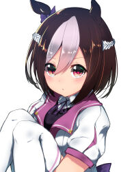  absurdres animal_ears bow braid brown_hair closed_mouth collared_shirt commentary_request ear_bow hair_between_eyes highres horse_ears horse_girl jacket knees_to_chest looking_at_viewer medium_hair misonikomi multicolored_hair neck_ribbon puffy_short_sleeves puffy_sleeves purple_ribbon ribbon shirt short_sleeves simple_background special_week_(special_dreamer)_(umamusume) special_week_(umamusume) thigh-highs two-tone_hair umamusume violet_eyes white_background white_hair white_jacket white_shirt white_thighhighs 