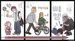  1girl 5boys aged_down asymmetrical_hair bag baseball_cap bicycle black_hair black_shirt blonde_hair blue_shirt charlotte_katakuri charlotte_linlin child chocolate commentary crying dark-skinned_male dark_skin dress edward_newgate facial_tattoo food glasses green_shirt hand_in_pocket hat highres holding holding_chocolate holding_food kaidou_(one_piece) king_(one_piece) korean_text long_hair marco_(one_piece) multiple_boys on_bicycle one_piece pink_dress pink_hair protecting purple_hair riding riding_bicycle school_bag shirt short_hair smile solbangul00 squatting tattoo untranslatable_commentary white_hair white_shirt 