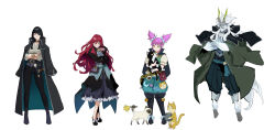  1boy 3girls absurdres animal ascot beard belt belt_buckle belt_pouch black_belt black_bow black_cape black_capelet black_cat black_choker black_coat black_dress black_hair black_pants black_shirt black_shoes blue_bow blue_pants blue_vest blunt_bangs boots bow bracelet breasts buckle can cape capelet cat cat_charm choker closed_eyes closed_mouth coat coat_on_shoulders collarbone collared_coat colored_skin commentary concept_art corset crossed_ankles crossed_arms dongho_kang dot_nose dress earrings english_commentary eyelashes facial_hair footwear_bell footwear_bow frilled_ascot frilled_shirt_collar frilled_skirt frills full_beard full_body gorget green_belt green_eyes green_horns green_vest grey_ascot grey_corset grey_shirt grey_skin grey_skirt grin hair_between_eyes hair_ornament hairclip halcyon_zero half-closed_eyes hand_up highres holding holding_animal holding_can holding_cat hooves horns jewelry juliet_sleeves knee_boots long_hair long_sleeves looking_at_animal looking_at_viewer medium_breasts mole mole_under_eye multiple_girls nose nose_shade official_art pants pointy_ears pouch puffy_pants puffy_short_sleeves puffy_sleeves red_eyes red_hair red_nails shirt shoes short_hair short_sleeves simple_background skirt smile standing twintails vest white_background white_bow white_cat white_shirt white_tail yellow_belt yellow_cat 