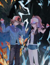  1boy 1girl baseball_cap black_vest cutoffs denim denim_shorts exposed_pocket hat high_ponytail highres hilbert_(pokemon) hilda_(pokemon) holding holding_poke_ball obento117ff open_clothes open_vest poke_ball poke_ball_(basic) poke_ball_print pokemon pokemon_(creature) pokemon_black_and_white ponytail reshiram shorts vest wristband zekrom 