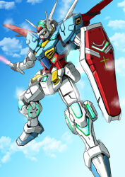  absurdres clouds cloudy_sky commentary_request energy_sword flying g-self gundam gundam_g_no_reconguista highres holding holding_sword holding_weapon kuroneko_koubou mecha mecha_focus mobile_suit no_humans robot science_fiction shield sky solo sword thrusters v-fin weapon yellow_eyes 