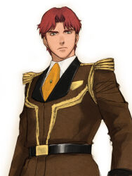  1boy belt black_belt brown_jacket chronicle_asher closed_mouth collared_shirt commentary_request curtained_hair frown furrowed_brow glaring grey_eyes gundam jacket long_sleeves looking_at_viewer male_focus mikisato military_jacket necktie parted_bangs red_hair shirt short_hair simple_background solo standing turning_head upper_body very_short_hair victory_gundam white_background white_shirt yellow_necktie 