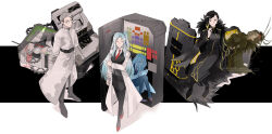  1boy 2girls angela_(project_moon) arms_behind_back benjamin_(project_moon) binah_(project_moon) black_boots black_dress black_eyes black_hair black_jacket black_pantyhose black_shoes black_skirt black_vest blood blood_on_face blue_hair boots box breasts cape closed_eyes closed_mouth coat collared_shirt dress earrings full_body fur-trimmed_cape fur_trim gears green_eyes grey_coat grey_hair hand_on_own_arm hexagon_print highres hokma_(project_moon) holding jacket jewelry ko_bammm lab_coat lobotomy_corporation long_hair long_sleeves monocle multiple_girls necktie one_side_up pantyhose parted_bangs pencil_skirt project_moon red_necktie red_shoes shirt shoes short_hair simple_background single_earring sitting skirt smile standing very_long_hair vest watermark white_background white_coat white_shirt 