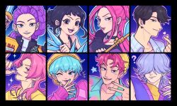  3girls 5boys abby_(kpop_demon_hunters) baby_(kpop_demon_hunters) bazukat_art beanie black_border black_hair blue_background blue_hair blue_nails blue_outline border braid brown_eyes choker closed_mouth collared_shirt earrings floral_print floral_print_shirt gradient_background hair_over_eyes half-closed_eyes hat holding holding_sword holding_weapon jewelry jinu_(kpop_demon_hunters) kpop_demon_hunters long_hair mira_(kpop_demon_hunters) multiple_boys multiple_girls mystery_(kpop_demon_hunters) one_eye_closed open_mouth outline pink_hair pink_sweater portrait print_shirt purple_hair purple_nails romance_(kpop_demon_hunters) rumi_(kpop_demon_hunters) shirt smile sweater sword teeth upper_teeth_only weapon yellow_hat yellow_shirt zoey_(kpop_demon_hunters) 
