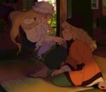  2girls arm_up baggy_pants bangs barefoot blonde_hair blurry blurry_background blush bow brown_bow brown_eyes brown_hair brown_headwear bush cape carpet closed_mouth covering_mouth detached_sleeves door dress english_commentary fingernails floor gap_(touhou) green_pants grey_dress grey_headwear grey_shirt hair_between_eyes hand_on_own_face hands_up hat hat_bow highres indoors leaf light_brown_hair long_hair long_sleeves looking_at_another matara_okina mob_cap multiple_girls nekolina open_door orange_cape pants picture_(object) red_bow shadow shirt sitting sky sweat sweatdrop tabard teeth television toenails touhou violet_eyes wall white_sky wide_sleeves yakumo_yukari yuri 
