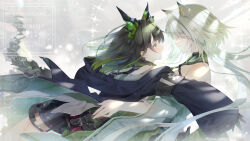  2girls animal_ear_fluff animal_ears arknights armband black_armband black_hair black_jacket black_shorts blush breasts cat_ears cat_girl closed_mouth collar commentary_request commission crystal_horns detached_collar dress eye_contact face-to-face floating_hair flying_teardrops from_side green_collar green_dress green_eyes green_hair grey_background hair_intakes highres horns imminent_hug jacket kal'tsit_(arknights) light_smile long_hair looking_at_another mon3tr_(arknights) multicolored_dress multicolored_hair multiple_girls off-shoulder_dress off_shoulder open_mouth profile shorts soukuu_kizuna tears twitter_username watermark white_dress white_hair wide_sleeves 
