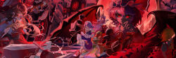  6+girls absurdres apron ascot back_bow bat_wings beret between_fingers black_hat black_skirt black_vest blonde_hair blue_bow blue_dress blue_hair book bow braid brooch brown_hair capelet chess_piece chessboard closed_mouth collared_shirt crescent crescent_hat_ornament crystal crystal_wings demon_wings detached_sleeves dress embodiment_of_scarlet_devil flandre_scarlet frilled_bow frilled_hair_tubes frills full_moon green_bow green_eyes green_hat green_skirt green_vest grey_hair grimoire grin hair_between_eyes hair_bow hair_over_one_eye hair_tubes hakurei_reimu hat hat_bow hat_ornament hat_ribbon head_wings highres holding holding_knife hong_meiling incredibly_absurdres izayoi_sakuya jewelry kirisame_marisa knife knight_(chess) knives_between_fingers koakuma long_hair long_sleeves magic_circle maid maid_headdress mini-hakkero missing_headwear mob_cap moon mouth_hold multiple_girls night ofuda one_side_up open_book open_mouth pants patchouli_knowledge pawn_(chess) pinafore_dress pink_capelet pink_dress pink_hat pink_shirt pocket_watch puffy_short_sleeves puffy_sleeves purple_hair queen_(chess) red_ascot red_bow red_eyes red_hair red_moon red_skirt red_theme red_vest remilia_scarlet ribbon ribbon-trimmed_sleeves ribbon_trim scarlet_devil_mansion shirt short_sleeves side_braid single_braid skirt skirt_set sleeveless sleeveless_dress smile star_(symbol) star_hat_ornament striped_clothes striped_dress touhou twin_braids vertical-striped_clothes vertical-striped_dress very_long_hair vest violet_eyes waist_apron watch white_apron white_bow white_pants white_shirt wide_sleeves wings witch_hat yellow_ascot yrenkun 
