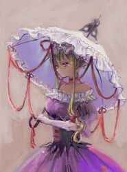  1girl black_corset blonde_hair bow breasts corset dress frilled_umbrella frills gloves hat highres holding holding_umbrella looking_at_viewer medium_breasts mob_cap omaega_chan parasol purple_dress ribbon solo touhou umbrella violet_eyes white_umbrella yakumo_yukari 