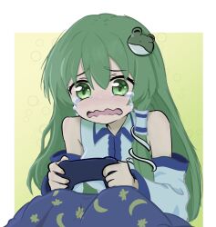  1girl blue_skirt collared_shirt commentary controller crying crying_with_eyes_open detached_sleeves english_commentary frog_hair_ornament game_controller green_eyes green_hair hair_ornament hair_tubes highres holding holding_controller holding_game_controller kochiya_sanae long_hair playing_games playing_video_games shirt single_hair_tube skirt sleeveless sleeveless_shirt snake_hair_ornament solo tears touhou white_shirt xinumizu 