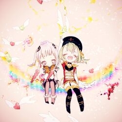  2girls blonde_hair boots closed_eyes commentary_request gloves hat heart long_hair magical_girl mahou_shoujo_ikusei_keikaku mahou_shoujo_ikusei_keikaku_limited military_hat multiple_girls ocnccncn open_mouth pink_hair postarie rain_pow rainbow short_hair sitting smile thigh_boots white_wings wings 