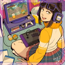  1girl absurdres arcade_stick behind-the-head_headphones blanka-chan border brown_eyes brown_hair character_doll commentary_request controller dated doll double_bun dualsense fighting_game from_behind game_console game_controller hair_bun headphones highres indian_style jacket joystick li-fen looking_at_viewer looking_back monitor panda playing_games playing_video_games playstation_5 playstation_controller pleated_skirt red_skirt ryu_(street_fighter) sansan3cho short_hair short_hair_with_long_locks signature sitting skirt socks solo street_fighter street_fighter_6 thighs transparent_border turtleneck turtleneck_jacket yellow_jacket 