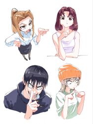  1boy 3girls :d beanie black_hair black_skirt brown_hair camisole character_request closed_mouth constricted_pupils copyright_request curtained_hair foreshortening fushiguro_megumi green_shirt hair_down hand_on_own_hip hat highres index_finger_raised index_fingers_together jujutsu_kaisen looking_at_viewer looking_down meme miniskirt multiple_girls office_lady orange_eyes pointing ponytail potential_man_(meme) serialboel shirt simple_background skirt smile white_background white_shirt 