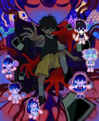  +_+ 2girls 5boys absurdres antenna_hair aubrey_(headspace)_(omori) aubrey_(omori) ball barefoot basil_(headspace)_(omori) basil_(omori) big_yellow_cat_(omori) black_eyes black_hair black_shoes black_sweater_vest black_tank_top blue_overalls blue_shirt blush book bow bright_pupils brother_and_sister brothers brown_shorts cat checkered_clothes chibi closed_eyes closed_mouth collared_shirt colored_skin commentary double-parted_bangs dual_persona flower flower_wreath fried_egg frying_pan green_eyes green_hair green_shirt grin hair_behind_ear hair_between_eyes hair_bow head_wreath hector_(omori) hero_(headspace)_(omori) hero_(omori) highres holding holding_ball holding_book holding_frying_pan holding_knife holding_spatula holding_stuffed_toy kel_(headspace)_(omori) kel_(omori) knife long_hair long_shirt long_sleeves looking_at_viewer mari_(headspace)_(omori) mari_(omori) mewo mr._plantegg_(omori) multiple_boys multiple_girls neckerchief no_mouth omori omori_(omori) one_eye_closed open_mouth outstretched_arms overall_shorts overalls pajamas pants pet_rock photo_(object) pink_bow pleated_skirt pratoocheee purple_hair purple_shorts purple_sweater_vest red_neckerchief red_skirt shirt shoes short_hair short_sleeves shorts siblings sidelocks skirt smile socks spatula striped_clothes striped_pajamas striped_pants striped_shorts stuffed_eggplant stuffed_toy sunny_(omori) sweater_vest t-shirt tank_top teeth upper_teeth_only vertical-striped_clothes vertical-striped_pajamas vertical-striped_pants vertical-striped_shorts violet_eyes white_pajamas white_pants white_pupils white_shirt white_shorts white_skin white_socks 