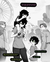  2boys 3girls :d absurdres aged_down aierlaobo andrew_graves ashley_graves belt black_hair black_pants blouse brother_and_sister carrying child coat commentary cowboy_shot curly_hair disgust earrings english_commentary evil_smile ferris_wheel full_body green_eyes greyscale hand_on_own_chin highres hoop_earrings jewelry long_hair looking_at_another monochrome mother_and_child mother_and_daughter mother_and_son multiple_boys multiple_girls nervous_sweating open_mouth pants parent_and_child piggyback pink_eyes pointing pointing_at_another polo_shirt ponytail pulling_another's_clothes red_eyes renee_graves shirt shoes short_hair short_sleeves siblings smile sneakers sweat the_coffin_of_andy_and_leyley tongue trench_coat triangle_mouth violet_eyes 