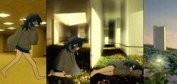  1girl 3d_background backrooms_(creepypasta) bags_under_eyes barefoot black_hair black_shorts bright_pupils ceiling_light closed_eyes door flower from_side glowing_flower grass grey_eyes grey_jacket indoors jacket kneeling liminal_space lod_(lodddd) looking_at_viewer looping_the_rooms_(vocaloid) looping_the_rooms_girl lying medium_hair messy_hair open_mouth pale_skin running shorts sky sleeves_past_fingers sleeves_past_wrists sweat turtleneck turtleneck_jacket vhs_artifacts white_flower white_pupils wolf_cut zipper 
