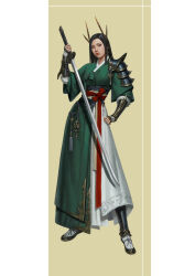  1girl absurdres arm_guards black_hair breasts cheolseung_ok commentary east_asian english_commentary feather_hair_ornament feathers full_body green_robe hair_ornament head_tilt highres holding holding_sword holding_weapon invisible_floor korean_clothes leaning_to_the_side long_hair looking_at_viewer multicolored_robe narrow_waist original robe simple_background single_shoulder_pad small_breasts standing sword weapon 