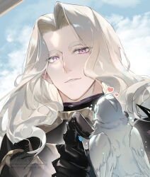  1boy armor bird bishounen black_armor black_gloves blonde_hair commentary_request dietrich_gregor_lamine eshmel_(pale_raven)_(fire_emblem) fire_emblem fire_emblem:_fortune's_weave gloves heart highres light_smile long_hair male_focus outdoors pipipitoto_sou solo upper_body violet_eyes white_bird 