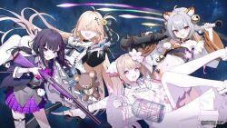  4girls animal_ears bell blonde_hair breasts brown_hair club_(weapon) cogane_rang covered_eyes gradient_hair grey_hair gun hair_bell hair_ornament hanayo_hiyori ll_0109 long_hair low_twintails multicolored_hair multiple_girls navel official_art pink_eyes purple_hair shizuki_toa shotgun side_ponytail small_breasts spiked_club stellive stuffed_toy tiger_ears tiger_girl tokino_mary twintails violet_eyes weapon yellow_eyes 
