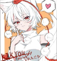  1girl :3 :t animal_ear_fluff animal_ears artist_name black_trim border breasts closed_mouth commentary_request crossed_bangs detached_sleeves double-parted_bangs finger_to_cheek hair_between_eyes hat head_tilt heart inubashiri_momiji kikyou_(kikyou_3115) large_breasts light_blush long_sleeves looking_at_viewer orange_background pom_pom_(clothes) puffy_cheeks red_eyes red_hat red_ribbon ribbon ribbon-trimmed_sleeves ribbon_trim shirt short_hair simple_background smile solo sparkle speech_bubble split_mouth spoken_heart tail tassel tokin_hat touhou translation_request upper_body white_border white_hair white_shirt wide_sleeves wolf_ears wolf_girl wolf_tail 