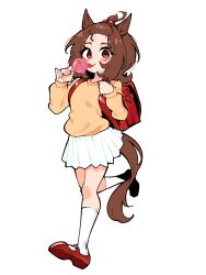  1girl agnes_tachyon_(umamusume) ahoge animal_ears bag blush candy commentary food full_body hair_between_eyes highres holding holding_candy holding_food holding_lollipop horse_ears horse_girl lollipop long_sleeves looking_at_viewer medium_hair pleated_skirt red_bag red_eyes red_shoes shoes simple_background skirt smile socks solo sweater tail tongue tongue_out umamusume untranslatable_commentary white_background white_skirt white_socks yellow_sweater yodaka_(yodaka1227) 