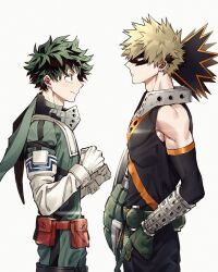  2boys bakugou_katsuki blonde_hair boku_no_hero_academia commentary_request eye_mask from_side gloves green_hair hand_in_pocket himo_(himodayoo) light_smile male_focus mask midoriya_izuku multiple_boys short_hair simple_background spiky_hair superhero_costume white_background 