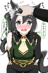  1boy 1girl absurdres abyss_kpn_(ki) animal_ears bare_shoulders black_gloves black_hair breasts commentary_request crown_ornament ear_through_crown elbow_gloves gloves green_eyes green_sweater hair_between_eyes headpat highres horse_ears horse_girl horse_tail long_hair looking_at_viewer medium_breasts multicolored_hair necktie pov pov_hands ribbed_sweater satono_crown_(emerald_journey)_(umamusume) satono_crown_(umamusume) side_ponytail simple_background sleeveless sleeveless_sweater solo_focus streaked_hair suspenders sweater tail trainer_(umamusume) umamusume white_background white_hair yellow_necktie 