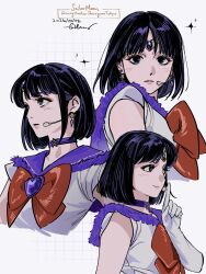  1girl atheko bishoujo_senshi_sailor_moon black_eyes black_hair bow bowtie choker circlet commentary_request dated gloves highres looking_at_viewer multiple_views purple_choker purple_sailor_collar red_bow red_bowtie sailor_collar sailor_moon_musical sailor_saturn sailor_senshi_uniform short_hair solo star_(symbol) star_choker tomoe_hotaru white_background white_gloves 
