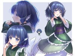  1girl blue_eyes blue_hair breasts commentary_request drill_hair drill_sidelocks fins frilled_kimono frills green_kimono hands_on_own_cheeks hands_on_own_face head_fins highres japanese_clothes kimono long_sleeves looking_at_viewer medium_hair merfolk mermaid monster_girl multiple_views obi obijime ocooco open_mouth purple_sash sash sidelocks small_breasts smile solo touhou wakasagihime wide_sleeves 