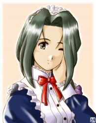  1990s_(style) 1girl bad_id blue_dress bow bowtie brown_eyes buttons closed_mouth commentary_request curtained_hair dress fujii_kasumi green_hair hana_(hana_mo_arashi_mo) hand_on_own_cheek hand_on_own_face long_hair long_sleeves looking_at_viewer maid maid_headdress one_eye_closed red_bow red_bowtie retro_artstyle sakura_taisen sakura_taisen_ii shirt simple_background smile solo upper_body white_shirt yellow_background 