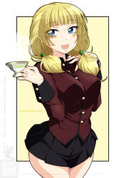  1girl black_skirt blonde_hair blue_eyes breasts character_name commentary_request cup girls_und_panzer girls_und_panzer_saishuushou hair_tie highres holding holding_cup ichijou_takakiyo jacket lemongrass_(girls_und_panzer) long_hair low_twintails miniskirt open_mouth pleated_skirt red_jacket simple_background skirt smile st._gloriana's_military_uniform standing teacup twintails yellow_background 