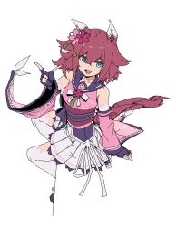  1girl absurdres animal_ears archives.gokulism artistic_error bad_id bad_twitter_id blue_eyes breasts brown_hair collarbone commentary detached_sleeves extra_digits fingerless_gloves flower gloves hair_between_eyes hair_flaps hair_flower hair_ornament highres horse_ears horse_girl horse_tail japanese_clothes kimono looking_at_viewer medium_hair open_mouth pink_hair pink_kimono pink_sleeves sakura_chiyono_o_(strength_in_full_bloom)_(umamusume) sakura_chiyono_o_(umamusume) simple_background sitting skirt sleeveless sleeveless_kimono smile solo tail teeth thigh-highs umamusume upper_teeth_only white_skirt white_thighhighs 