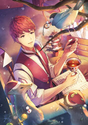  1boy bird book branch candy candy_cane christmas_ornaments commentary_request cup fire_emblem fire_emblem_echoes:_shadows_of_valentia fire_emblem_heroes food fox hat highres holding holding_cup looking_at_animal lukas_(fire_emblem) lukas_(picnic)_(fire_emblem) male_focus mini_hat mini_santa_hat necktie open_book open_mouth raccoon red_necktie red_vest santa_hat shirt smile snow tarayuki upper_body vest white_shirt 