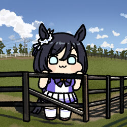  1girl :3 animal_ears black_hair blue_eyes blue_sky blush bob_cut bow bowtie breasts broken_fence brown_shoes closed_mouth clouds commentary_request ear_scrunchie eishin_flash_(umamusume) fence hair_between_eyes horse_ears horse_girl horse_tail jazz_jack looking_at_viewer lowres photo-referenced pleated_skirt puffy_short_sleeves puffy_sleeves purple_bow purple_bowtie purple_shirt sailor_collar sailor_shirt school_uniform scrunchie shirt shoes short_hair short_sleeves skirt sky smile solo swept_bangs tail thigh-highs tracen_school_uniform umamusume white_sailor_collar white_scrunchie white_skirt white_thighhighs 