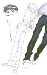  2boys absurdres belt black_pants brown_belt chibi chibi_inset commentary_request dress_shirt from_below full_body hands_in_pockets head_out_of_frame highres himo_(himodayoo) ikari_shinji lineart male_focus multiple_boys nagisa_kaworu neon_genesis_evangelion pants school_uniform shirt shoes short_hair simple_background sketch suit_pants tokyo-3_middle_school_uniform white_background 