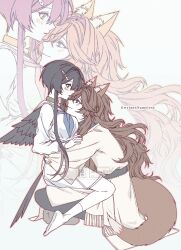  1boy 1girl animal_ear_fluff animal_ears arms_around_another's_waist bird_wings black_hair black_pants black_wings blue_neckerchief blush character_name collar degrees_of_lewdity dress feathered_wings fish_skeleton_hair_ornament fox_boy fox_ears fox_tail from_side full_body girl_on_top green_collar green_eyes gwylan_(degrees_of_lewdity) gwylan_(male)_(degrees_of_lewdity) hair_between_eyes hair_intakes hair_ornament head_on_chest hetero highres hug indian_style long_hair long_sidelocks long_sleeves looking_at_another missing_headwear namelesswithfox neckerchief no_shoes orange_outline outline pants player_character_(degrees_of_lewdity) player_character_(female)_(degrees_of_lewdity) profile robe sailor_collar short_dress short_hair short_hair_with_long_locks sidelocks simple_background sitting sitting_on_lap sitting_on_person smile socks tail very_long_hair very_long_sidelocks wavy_hair white_robe white_sailor_collar white_socks wings zoom_layer 