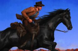  1boy animal arthur_morgan black_boots black_hat black_horse black_pants blue_shirt blue_sky boots brown_jacket collared_jacket collared_shirt commentary cowboy_hat hat highres holding holding_reins holster horse horseback_riding jacket male_focus open_clothes open_jacket outdoors pants profile red_dead_redemption_(series) red_dead_redemption_2 reins riding saddle sgkg108 shirt sky solo wing_collar 