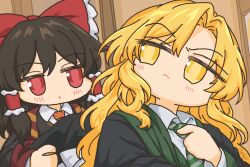  2girls :< alternate_costume artist_name black_hat black_robe blonde_hair bow brown_hair closed_mouth collared_shirt commentary dedeliworld diagonal-striped_clothes diagonal-striped_necktie english_commentary frilled_bow frilled_hair_tubes frills green_necktie green_robe gryffindor hair_bow hair_tubes hakurei_reimu harry_potter_(series) hat hat_bow hogwarts_school_uniform holding holding_unworn_clothes holding_unworn_hat kirisame_marisa long_hair long_sleeves missing_headwear multiple_girls necktie red_bow red_eyes robe school_uniform shirt slytherin striped_clothes striped_necktie touhou two-sided_fabric two-sided_robe two-tone_robe unworn_hat unworn_headwear white_shirt witch_hat wizarding_world yellow_eyes 