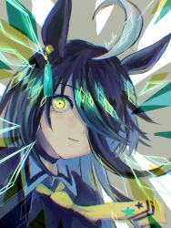 1girl ahoge animal_ears black_choker black_shirt choker collared_shirt commentary_request flat_chest hair_over_one_eye highres horse_ears horse_girl kazuma_gameaka long_bangs looking_at_viewer loose_necktie manhattan_cafe_(umamusume) multicolored_hair necktie shirt solo umamusume white_hair yellow_eyes yellow_necktie 