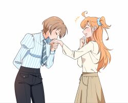  2girls ahoge black_pants blue_necktie blue_scrunchie blue_shirt brown_hair brown_skirt collared_shirt commentary diagonal-striped_clothes diagonal-striped_necktie hair_ornament hair_scrunchie harumiya_yukuri highres idgukgu ikizulive!_love_live!_bluebird kiss kissing_hand long_hair love_live! multiple_girls necktie one_side_up pants pinstripe_pattern pinstripe_shirt scrunchie shirt short_hair simple_background skirt striped_clothes striped_necktie takahashi_polka white_background white_shirt yuri 
