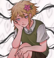  1boy basil_(faraway)_(omori) basil_(omori) blonde_hair blue_eyes brown_shorts closed_mouth collared_shirt commentary double-parted_bangs english_commentary flower freckles green_nails green_sweater_vest hair_between_eyes hair_flower hair_ornament hand_on_own_cheek hand_on_own_face male_focus mel_(melmellie) omori shirt short_hair short_sleeves shorts sidelocks solo something_(omori) sweater_vest twitter_username white_shirt 
