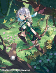  1girl bird bow_(weapon) bug butterfly cardfight!!_vanguard character_request closed_mouth commentary_request dot_mouth elf flower forest gloves green_eyes green_skirt hisana holding holding_bow_(weapon) holding_weapon leaf nature official_art pointy_ears rabbit short_hair skirt thigh-highs tree weapon white_hair yellow_butterfly yellow_flower 
