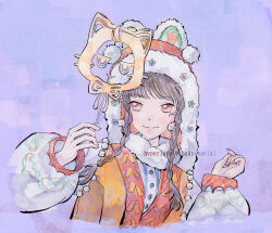  1girl animal_ear_headwear bluesky_username braid brown_hair buttons commentary cropped_torso earrings english_commentary fireworks floral_print fur-trimmed_headwear fur_trim hair_tie happy hat holding holding_fireworks hutou_hat hyperxlove infinity_nikki jewelry long_hair long_sleeves momo_(nikki) new_bloom_blessings_(infinity_nikki) nikki_(series) orange_vest pom_pom_(clothes) pom_pom_earrings pom_pom_hat_ornament print_headwear puffy_long_sleeves puffy_sleeves purple_background red_hat shirt side_braid sleeves_past_wrists solo sparkle twin_braids vest watermark white_shirt 