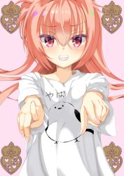  1girl :d absurdres alternate_costume animal_print bird_print blush casual commentary_request crossed_bangs eyes_visible_through_hair fang fingernails floating_hair grin hair_between_eyes heart highres inaba_meguru index_fingers_raised ju3cxqko75m199r long_hair looking_at_viewer one_side_up orange_hair outstretched_arms oversized_clothes oversized_shirt pink_background pointing pointing_at_viewer print_shirt red_eyes sanoba_witch shirt short_sleeves sidelocks simple_background smile smug solo straight-on t-shirt upper_body v-shaped_eyebrows white_shirt wide_sleeves 