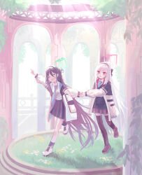  2girls :d :o ^_^ absurdres ankle_socks aris_(blue_archive) arm_up black_bow black_hair black_hairband black_jacket black_shirt black_shoes black_socks black_thighhighs blazer blue_archive blue_jacket blue_necktie bow closed_eyes collared_shirt commentary_request day dot_nose double-parted_bangs facing_viewer gazebo green_halo hair_between_eyes hair_bow hairband half_updo halo hand_up highres holding_hands jacket kei_(blue_archive) kei_(student)_(blue_archive) leg_up light_rays long_hair long_hair_between_eyes long_sleeves looking_at_viewer loosely_tucked_bangs minamisuwari miniskirt multi-source_commentary multiple_girls necktie open_clothes open_jacket open_mouth outdoors overgrown pavilion pink_eyes pink_halo pink_jacket pink_pupils pointing pointing_up pulling rectangular_halo shirt shirt_tucked_in shoes siblings sisters skirt small_sweatdrop smile socks standing standing_on_one_leg sunbeam sunlight teeth thigh-highs twins two-sided_fabric two-sided_jacket upper_teeth_only very_long_hair walking white_hair white_jacket white_shirt white_shoes wide_shot zettai_ryouiki 