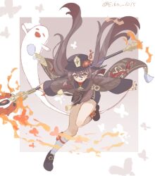  1girl =_= artist_name black_hat black_nails black_shoes black_shorts boo_tao_(genshin_impact) border branch breasts bright_pupils brown_hair brown_jacket bug butterfly chinese_clothes closed_eyes closed_mouth collared_jacket commentary_request eiko_1015 fang fingernails fire floating_clothes floating_hair floral_print flower flower-shaped_pupils full_body genshin_impact ghost grey_background hair_between_eyes hat hat_flower hat_ornament hat_ribbon hat_tassel highres hu_tao_(genshin_impact) jacket jewelry long_hair long_sleeves looking_at_viewer medium_breasts multiple_rings nail_polish open_mouth outside_border pom_pom_(clothes) purple_ribbon red_eyes red_flower red_shirt ribbon ring shirt shoes shorts sidelocks simple_background skin_fang smile socks solo staff_of_homa_(genshin_impact) standing standing_on_one_leg symbol-shaped_pupils tassel tongue tongue_out twintails v-shaped_eyebrows very_long_hair white_border white_pupils white_socks wide_sleeves 