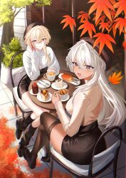  2girls absurdres beret black_thighhighs blonde_hair braid closed_mouth dark-skinned_female dark_skin food girls'_frontline_2:_exilium girls_frontline grey_hair hair_between_eyes hat highres long_hair long_sidelocks long_sleeves m4_sopmod_ii_(girls'_frontline) miniskirt multicolored_hair multiple_girls nemesis_(girls'_frontline_2) open_mouth red_eyes red_streaks shirt short_hair sidelocks skirt smile soppo_(girls'_frontline_2) streaked_hair thigh-highs user_hefh8325 violet_eyes white_shirt 