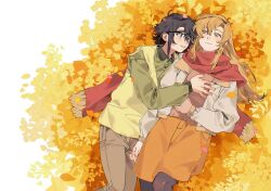  2girls absurdres autumn_leaves black_hair black_pantyhose blonde_hair blue_eyes brown_pants brown_skirt closed_mouth cuddling from_above glasses green_shirt highres holding_hands interlocked_fingers jiguang_haibao koishikawa_iko leaf long_hair momijiyama_teru multiple_girls on_ground pants pantyhose parted_lips red_scarf scarf shirt short_hair shy_(series) skirt smile sweater_vest yellow_eyes yellow_sweater_vest yuri 