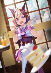  1boy 2girls absurdres animal_ears black_thighhighs blush bow braid brown_hair cake cake_slice chair collared_shirt cup ear_bow ear_ribbon fang food fork half_up_braid highres holding holding_fork holding_knife horse_ears horse_girl jacket knife multicolored_hair multiple_girls open_mouth plate purple_bow purple_ribbon purple_vest ribbon saliva shirt short_hair short_sleeves sitting skirt solo_focus special_week_(special_dreamer)_(umamusume) special_week_(umamusume) table thigh-highs two-tone_hair umamusume vest violet_eyes white_hair white_shirt window yeon30835559 