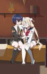  2girls absurdres access_vln ahoge aurelia_academy_school_uniform bed_sheet belle_(brilliance_of_stars)_(zenless_zone_zero) belle_(zenless_zone_zero) black_sweater blonde_hair blood blue_hair blue_one-piece_swimsuit blue_sailor_collar choker closed_eyes commentary cropped_shirt crossed_bangs eyepatch facing_another garter_straps hair_between_eyes hair_ornament highres long_hair medical_eyepatch multiple_girls necktie nosebleed official_alternate_costume one-piece_swimsuit open_mouth phoenix_reffaella phoenix_reffaella_(daydream_complex) pom_pom_(clothes) pom_pom_hair_ornament sailor_collar school_uniform shirt short_hair sitting skirt sweater swimsuit swimsuit_under_clothes thigh-highs wariza white_choker white_garter_straps white_shirt white_thighhighs yellow_necktie zenless_zone_zero 